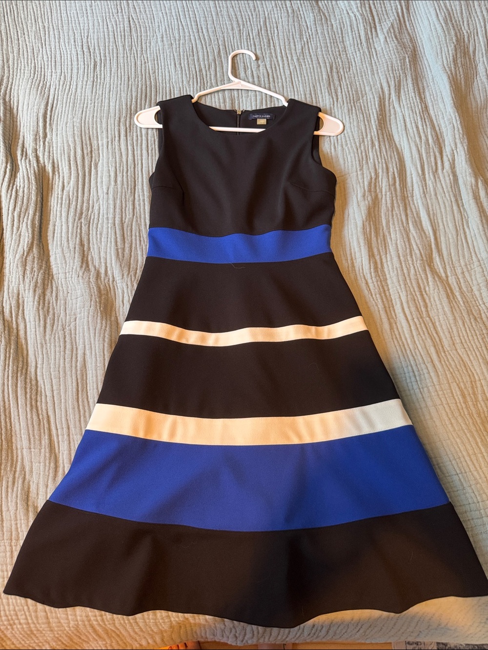 Tommy Hilfiger Black, Royal Blue & Cream Striped Fit-and-Flare Midi Dress